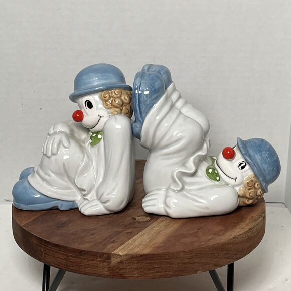 Fitz & Floyd 1979 2 Clown Bookends In Blue Bowler Hats & Shoes with Red Nose - Picture 1 of 11